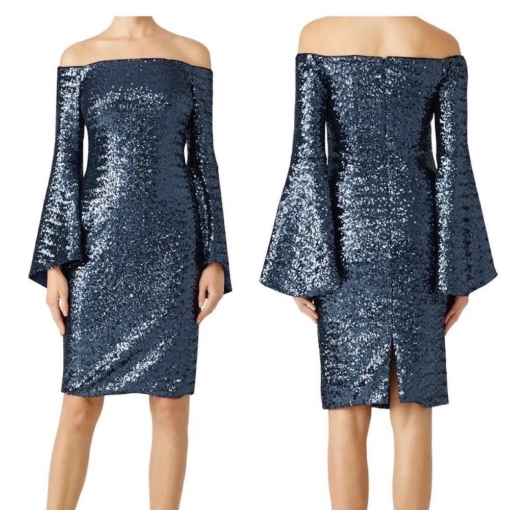 THEIA Midnight Blue Sequin Off The Shoulder Bell Sleeve Cocktail Dress Size 8